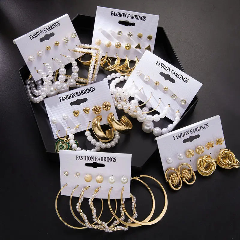 Rinhoo 5PCS /Set Geometric Butterfly Pearl Stud Earrings for Women Acrylic Heart Circle Dangle Vintage Jewelry Girl Gift Brin
