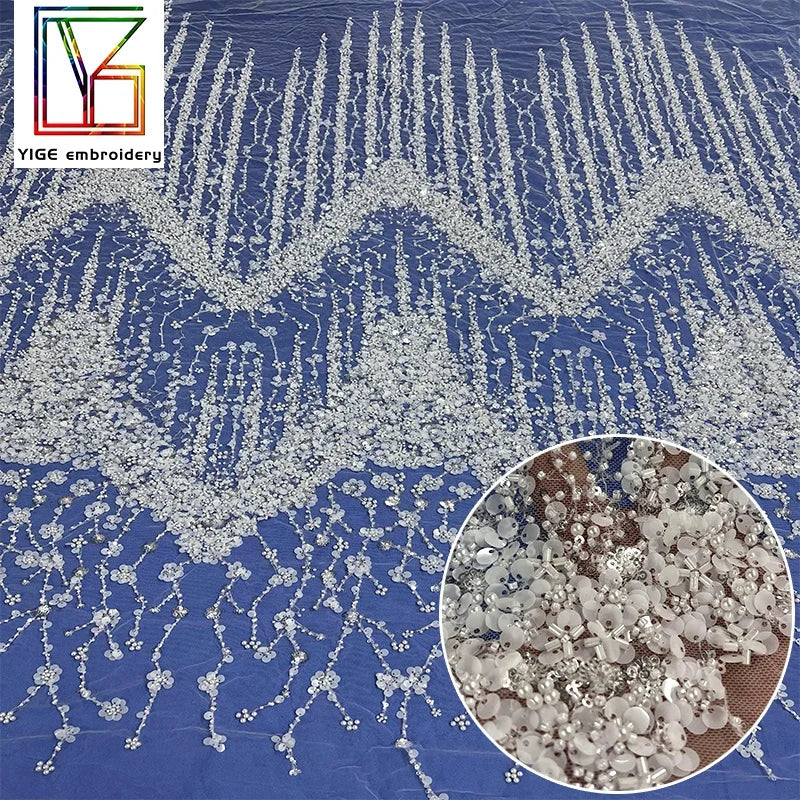 Luxury French Embroidery White Beaded Bridal Mesh Lace With Pearl Sequins for Wedding Dress Fabric