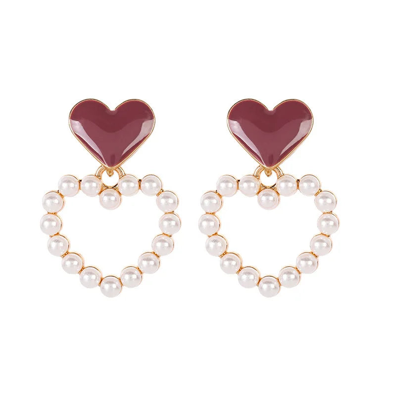 2024 Trendy Sweet Heart Earrings Geometric Hollow Pearl Earrings for Women
