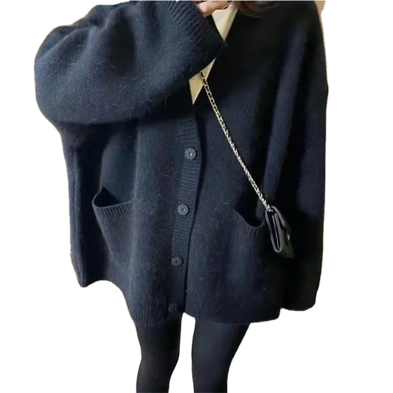 Korean Version New Spring V-Neck Long Cardigan Sweater Plus Size Loose Coat Pockets Single Breasted Casual Style Computer