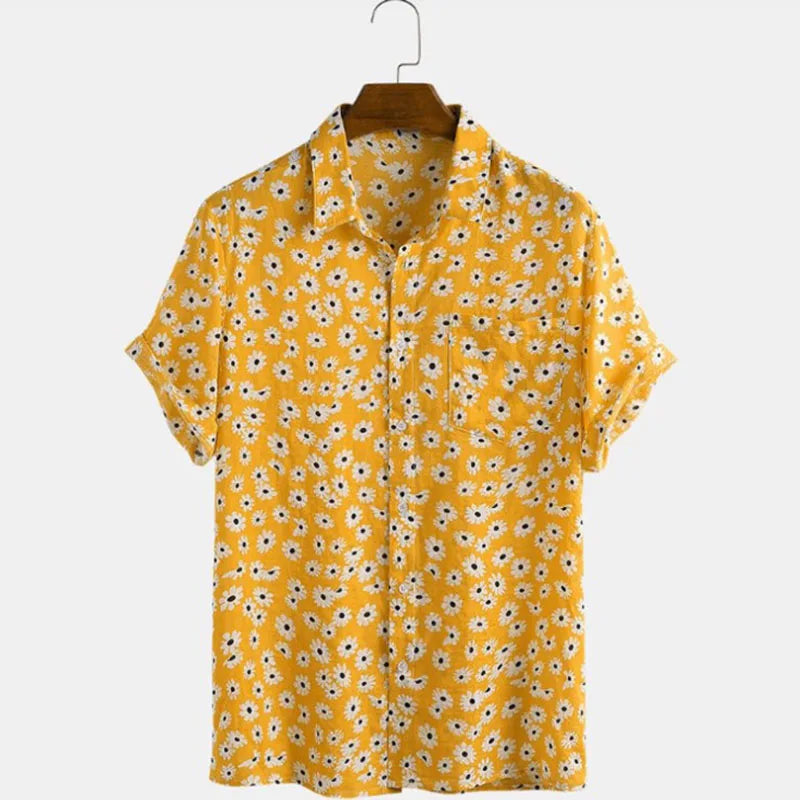 RNSHANGER Summer Flower Print Men Shirt Fashion Small Daisy Print Short-sleeved Hawaiian Shirts Streetwear Beach Male Shirts
