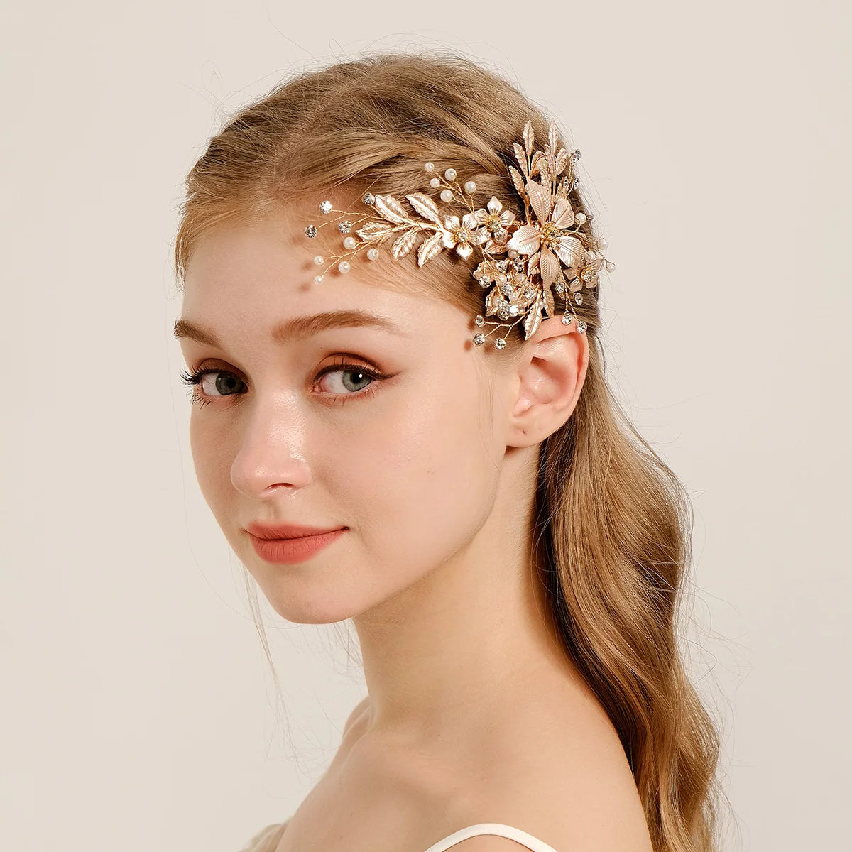 Bride Wedding Alloy Two Flowers Rhinestone Pearl Headpieces Leaves Bridal Rose Gold Hair Accessories for Women and Girls