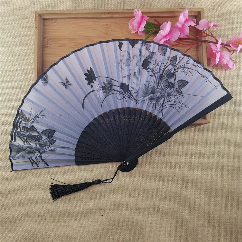 Vintage Flower Folding Hand Fan Women Girls Bamboo Paper Wedding Festivals Dance Performances Home Decorations Comes Bag