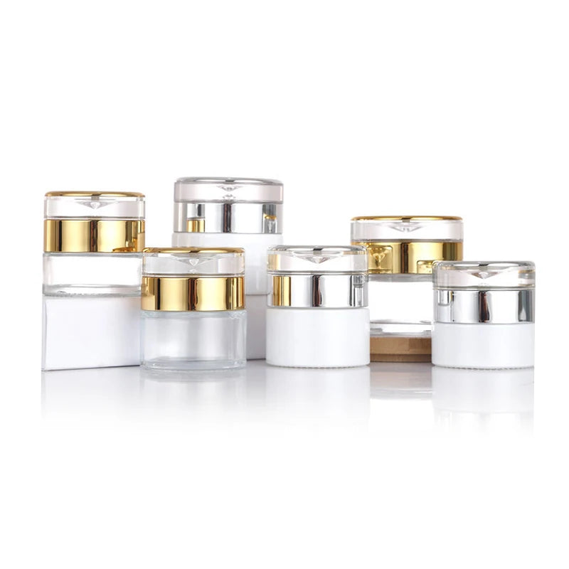 Customized Luxury Glass Face Mask Jars 20g 30g 50g Refillable Sunscreen Cream Jar with Silver Gold White Lids for Cosmetics