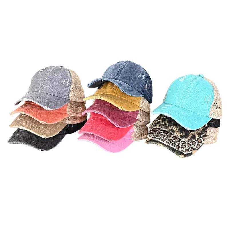Wholesale Sporty Street Style Soft Sports Caps Distressed Mesh Trucker Hat Top Crisscross Ponytail Hats for Women