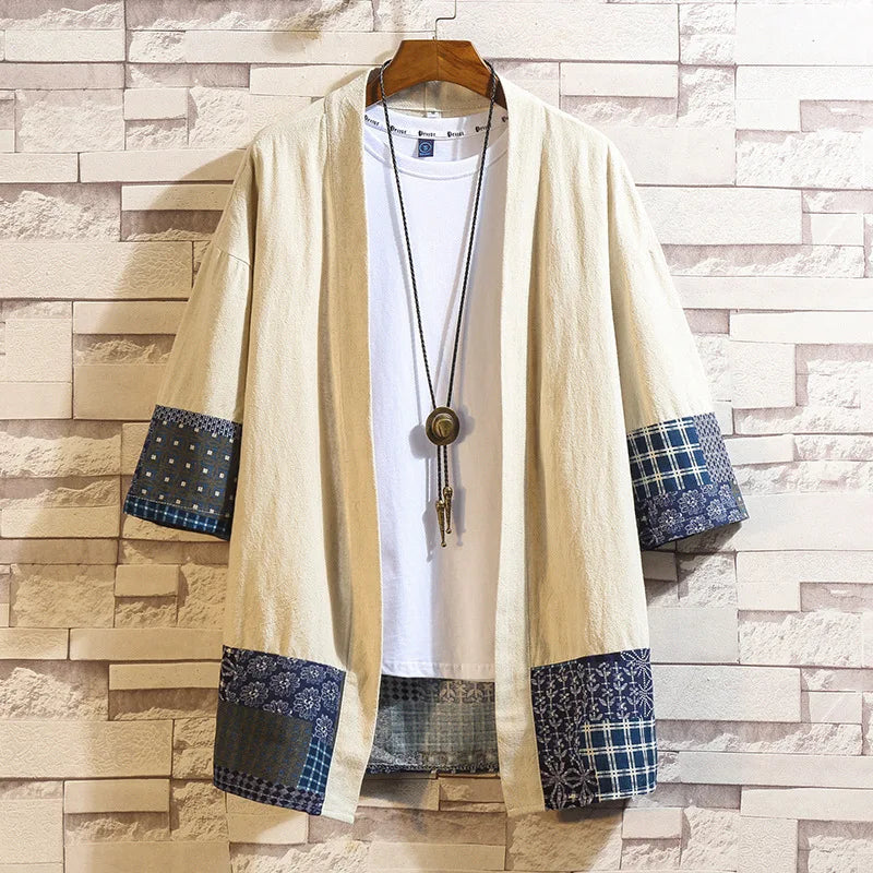 M-5XL  Men's Kimono Jackets Cardigan Lightweight Casual Cotton Blends Linen Seven Sleeves Open Front Coat Outwear