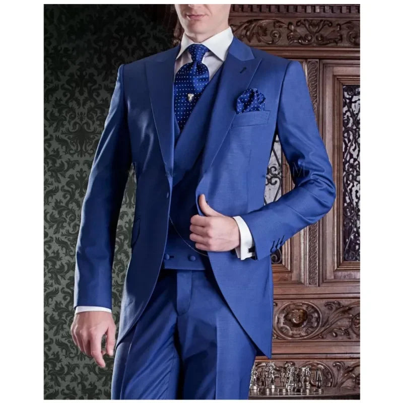 Blue Tuxedo Suits for Men 3 Pcs Jacket+Pants+Vest Luxury Single Breasted Notched Lapel Long Coat Wedding Groom Terno Masculin