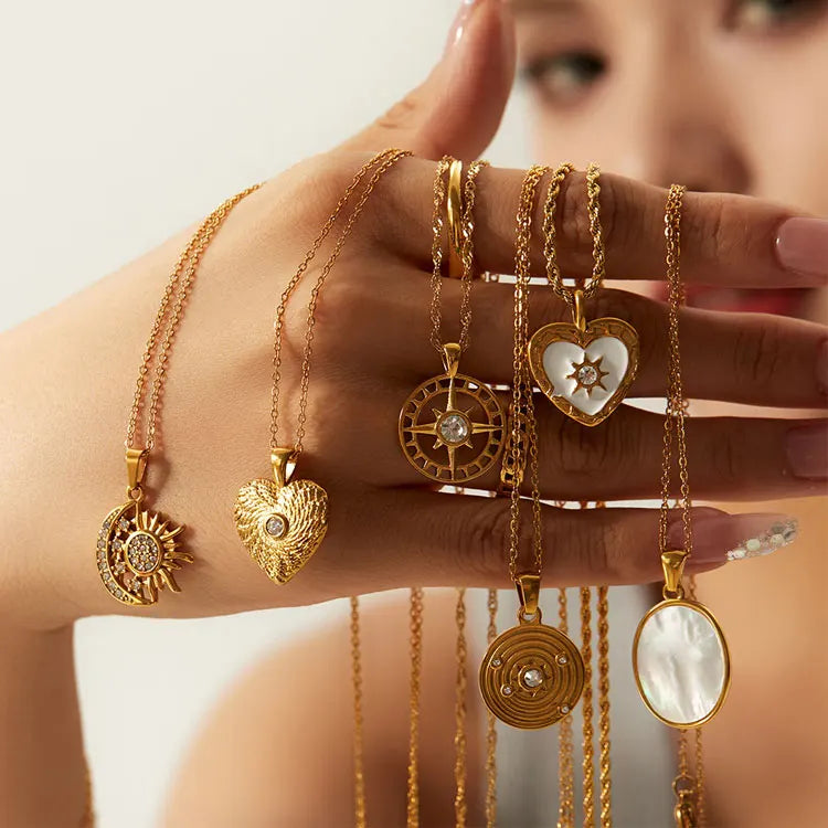 SC High Quality Waterproof Gold Stainless Steel Necklace Multitype Retro Shell Zircon Angel Sun Moon Coin Heart Pendant Neckl