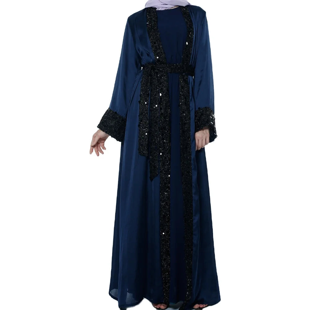 China Factory Directly Sale Open Style Silk Feeling Fabric Glitter Decoration With Belt Qatar Turkey Dubai Abaya Designs