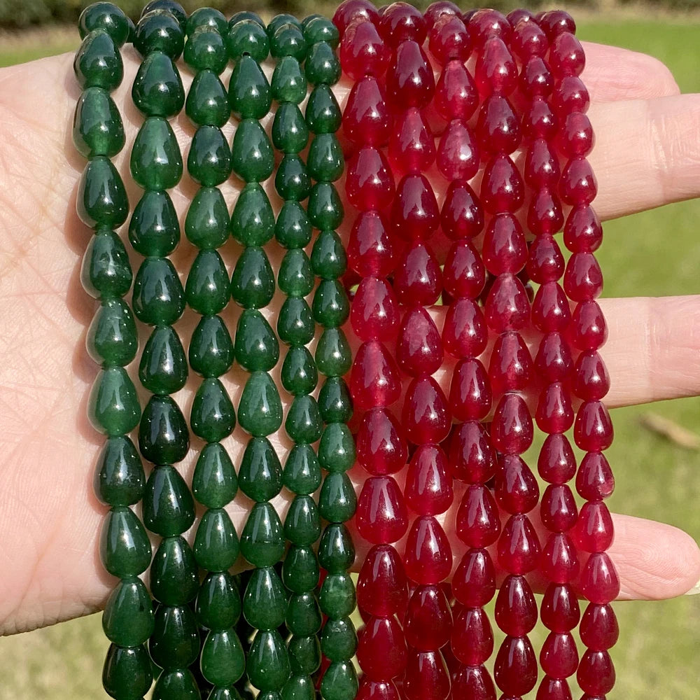 Natural Stone Beads Drop-Shaped Red&Green Chalcedony Loose Beads for Jewelry Making Beadwork DIY Bracelet Necklace