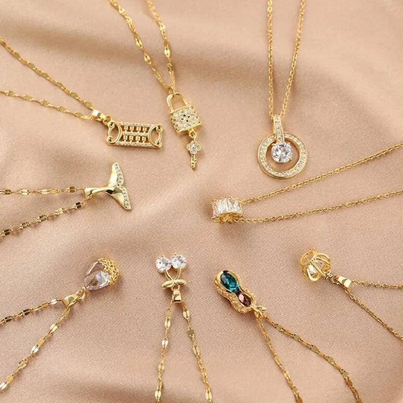 Gold Plated Charm Pendant Titanium Stainless Steel Delicate Diamond Fishtail Key Peanut Crown Drops Necklace Jewelry for Wome
