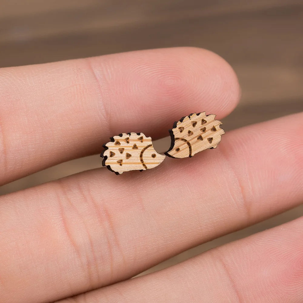 Natural Handmade African Wood Earrings Women Korean Cute Wooden Animal Hedgehog Stud Earrings Gifts for Daughter