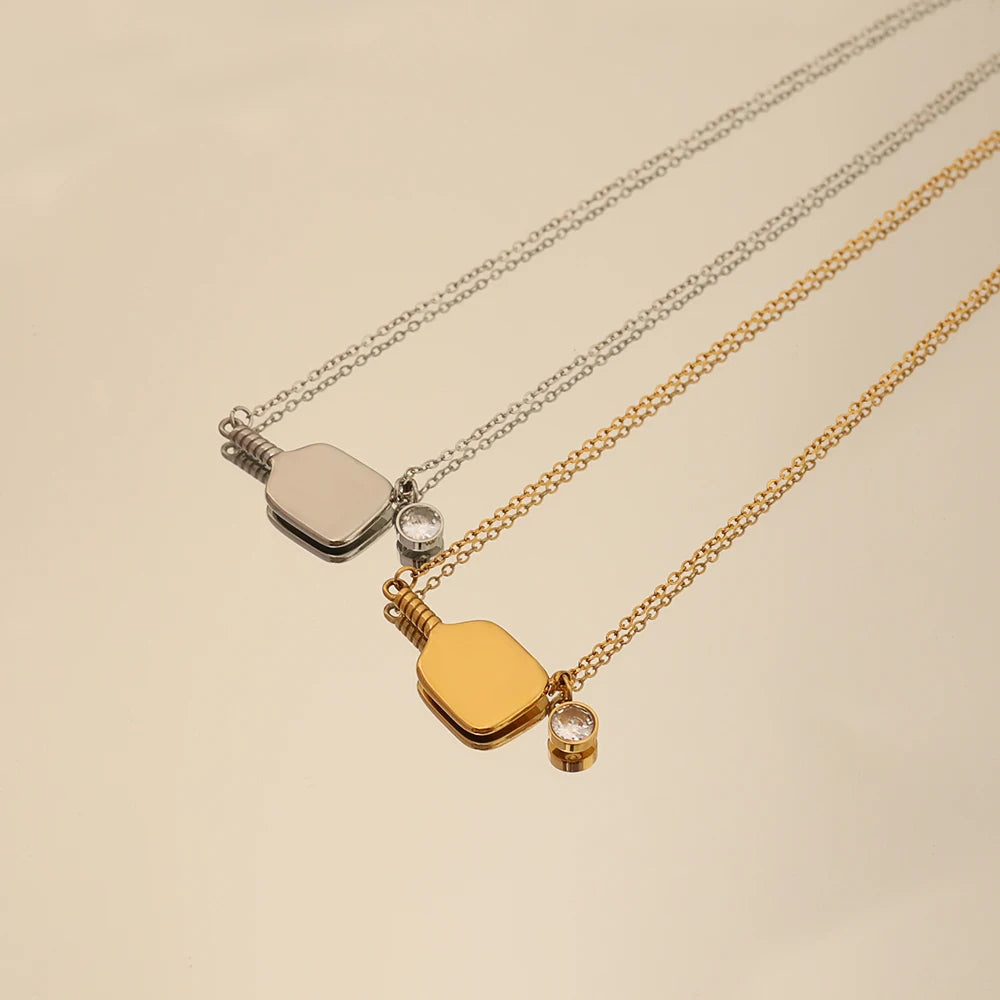 18k Pickleball Racket Charm Necklace Zircon Stainless Steel Pickle Ball Paddle PVD Gold Plated Pickleball Paddle Necklace