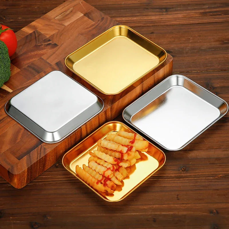304 Stainless Steel Dinner Plate Korean Square Thickened Fruit Snack Food Serving Tray Flat Bottom Dishes Kitchen Tableware