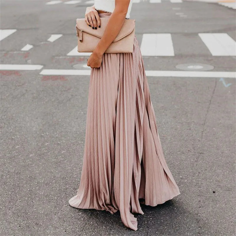 Bohemian Women Summer Long Skirts Solid Elegant Loose Sundress Femme Elastic Waist Oversized Casual Dresses