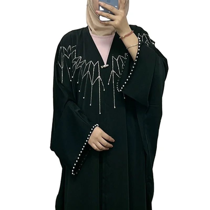 Pure Color Black Burgundy Blue Rhinestone Pearls Decoration Moroco UAE Muslim Women Open Abaya Rhinestone Kimono