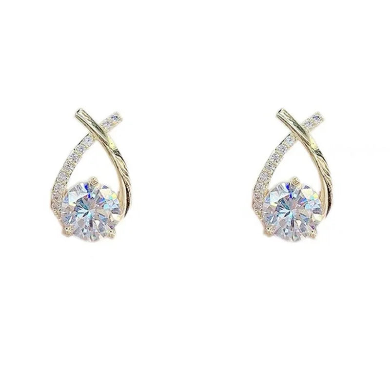 Fashion Gold Cross Stud Earrings for Women Girls Korean Style Elegant Crystal Jewelry Ear Rings Fishtail Lady Earrings