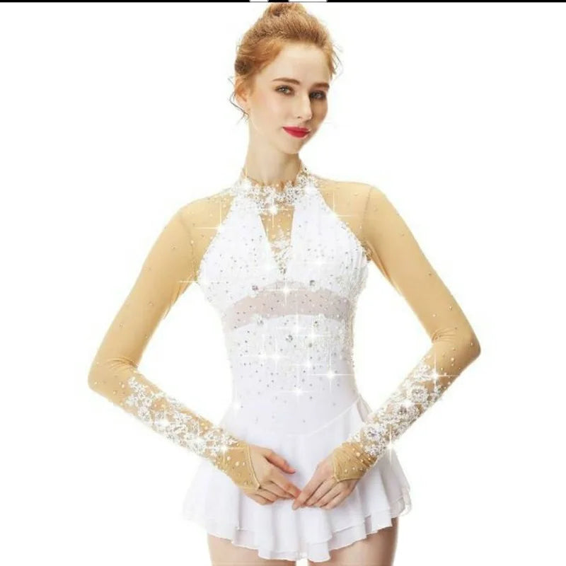 For LIUHUO Women's White Ice Skating Dress Pearls Stretch Mesh Christmas Holiday Dance Costume Ballroom Performance Wear for 