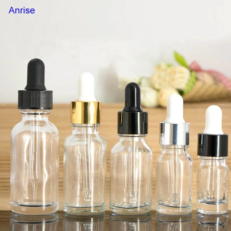 5ml 10ml 15ml 20ml 30ml 50ml 100ml Empty Transparent Clear Glass Essential Oil Dropper Bottle with Black Aluminum Dropper Lid