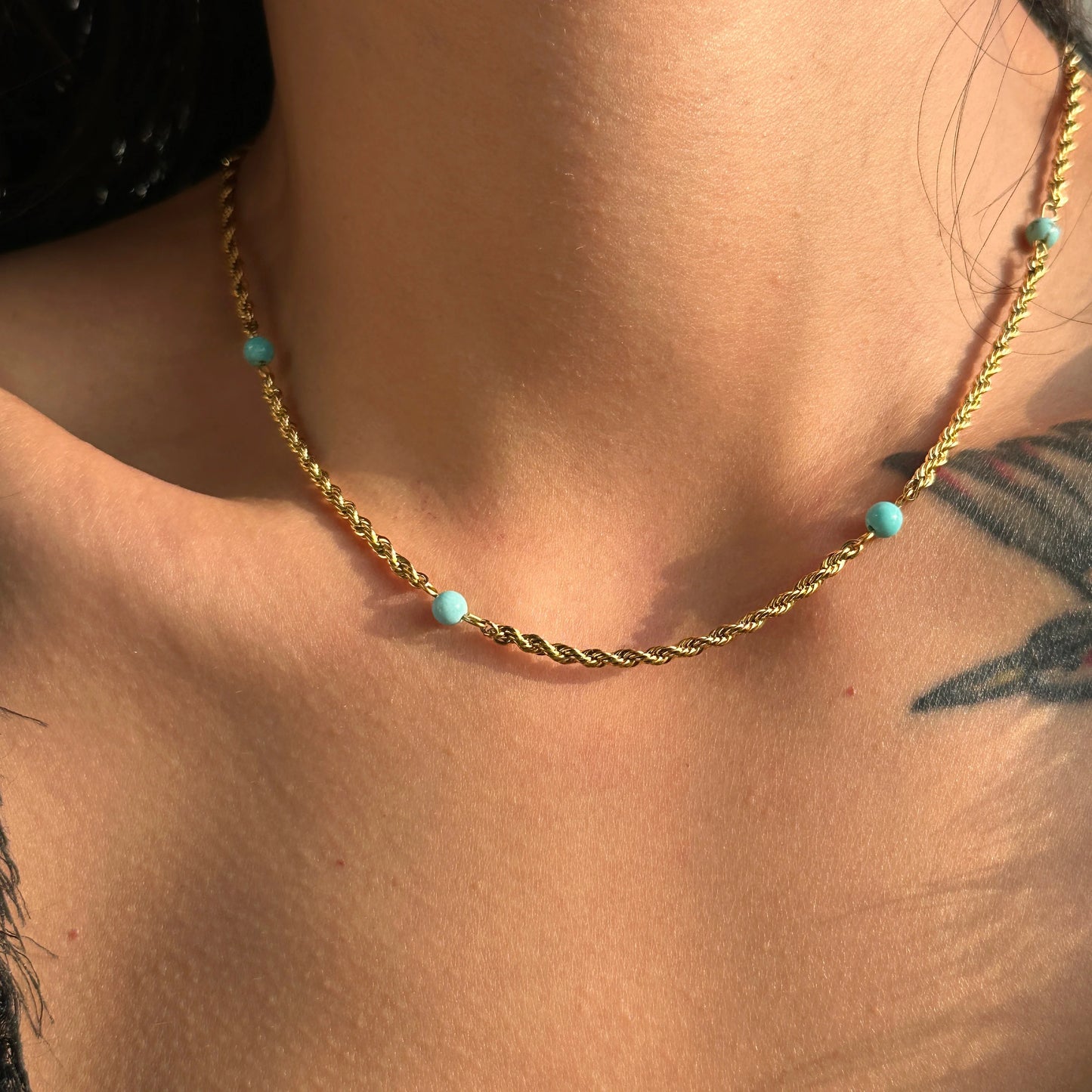 Dazan New 18k Gold Plated Tarnish Free Stainless Steel  Modern Blue Amber Fried Dough Twist Chain Necklace Handmade Jewelry