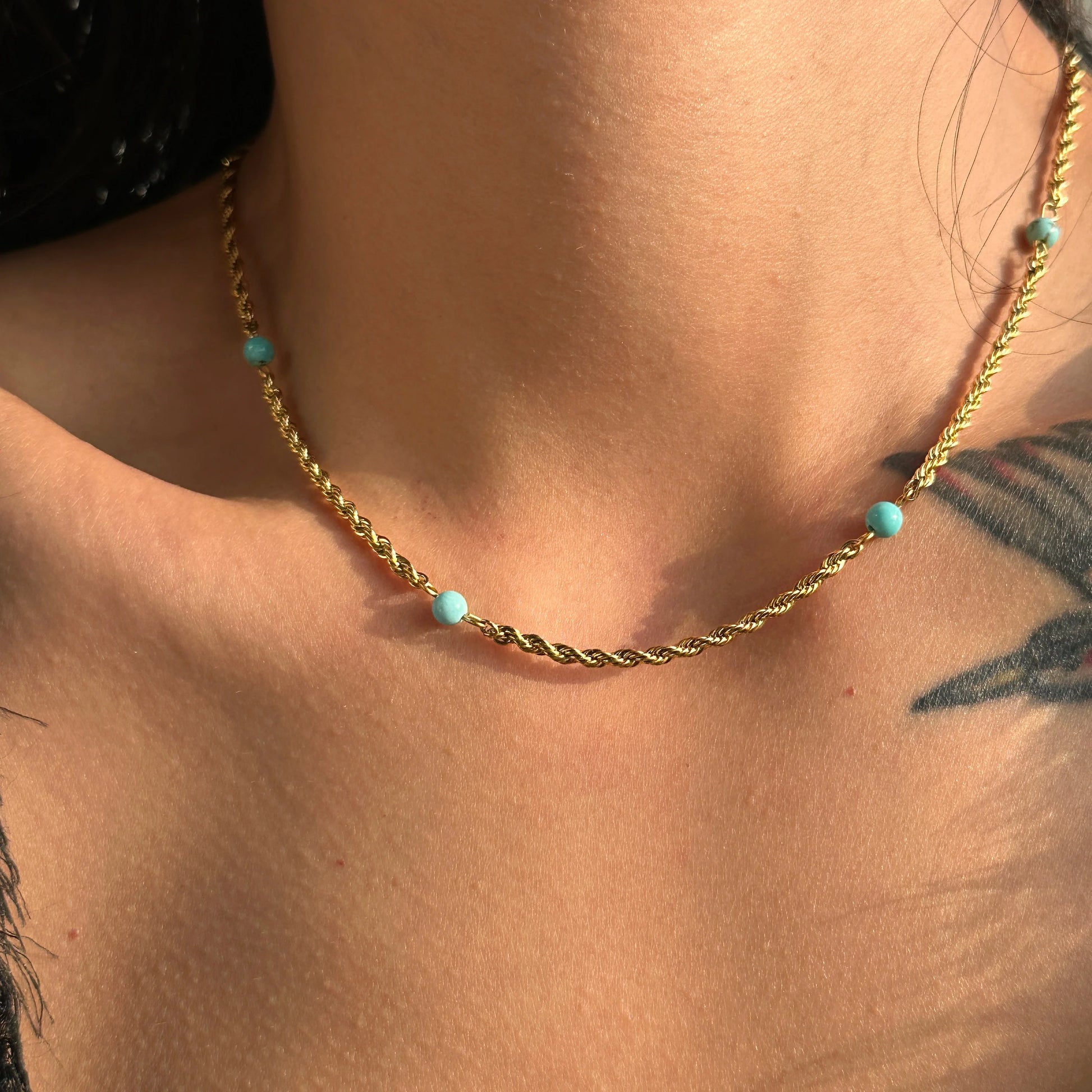 Dazan New 18k Gold Plated Tarnish Free Stainless Steel  Modern Blue Amber Fried Dough Twist Chain Necklace Handmade Jewelry