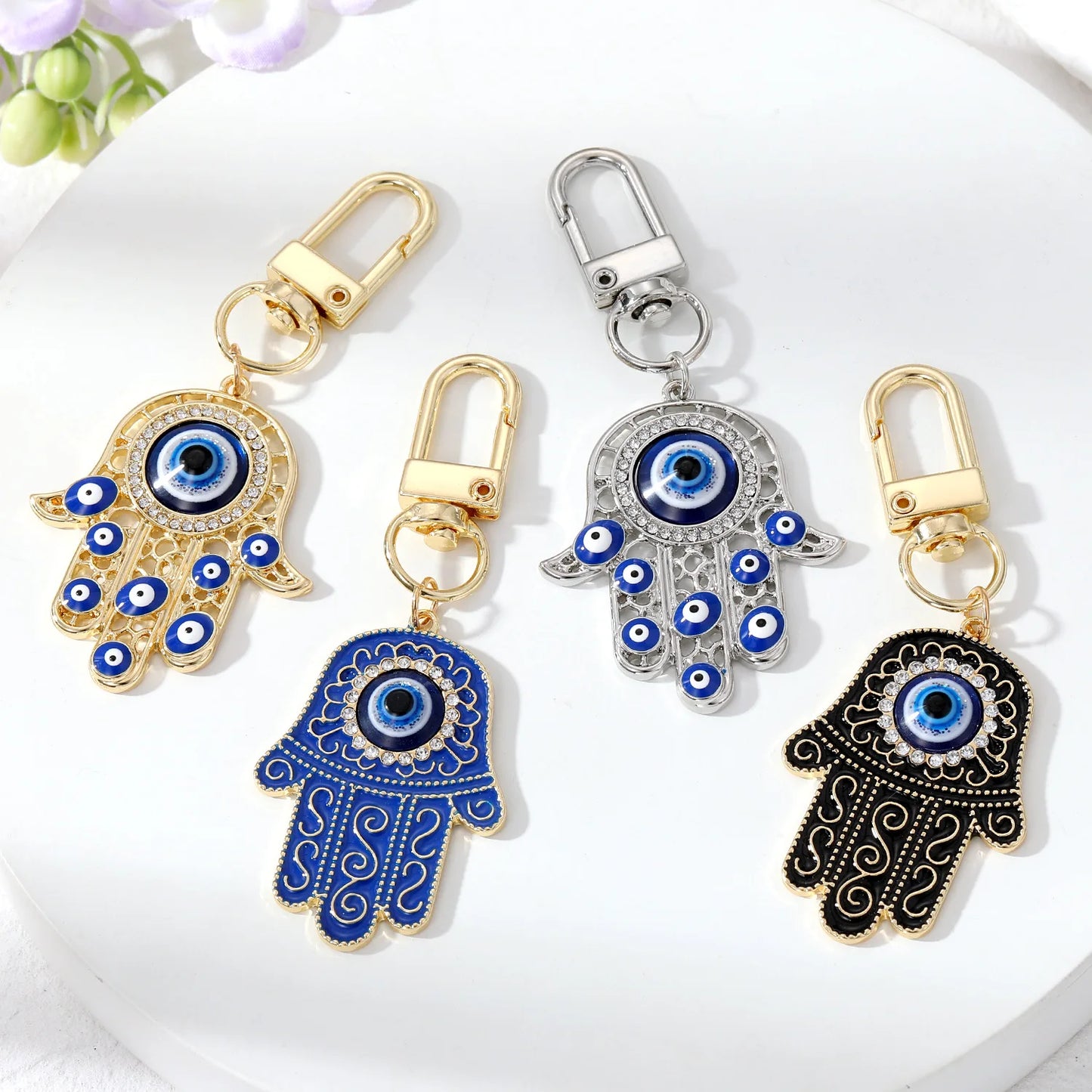 Vintage Gold Plated Resin Fatima Hand Evil Eyes Keyring Rhinestone Blue Enamel Hamsa Hand Pendant Keychain