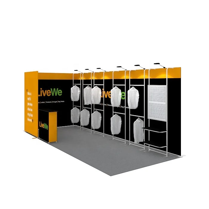 Custom Design Aluminum Tube 10x20FT Promotional Events Hanging Shelf Clothing Apparel Display Quality Exhibition Booth