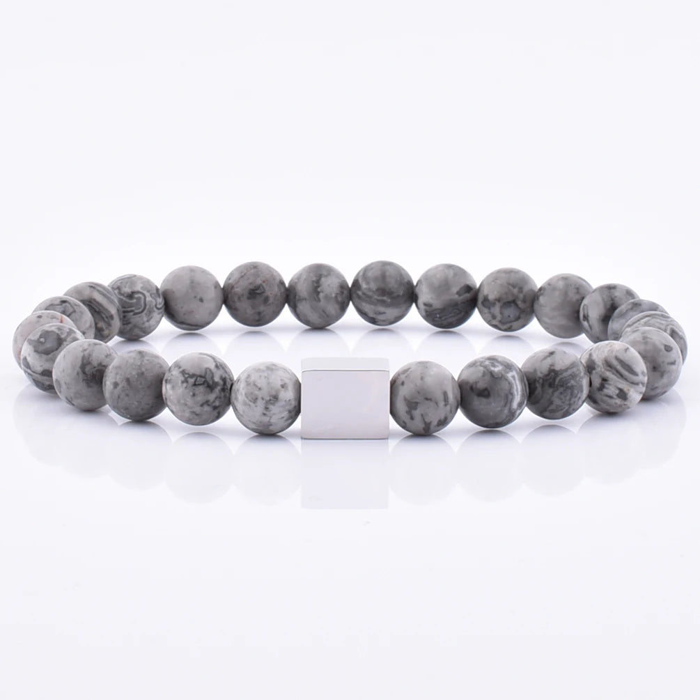 Fast Delivery Low Moq Gemstone Bracelet Handmade Grey Jasper Gemstone Steel Logo Charm Custom Bead Jewellery Stone Jewelry