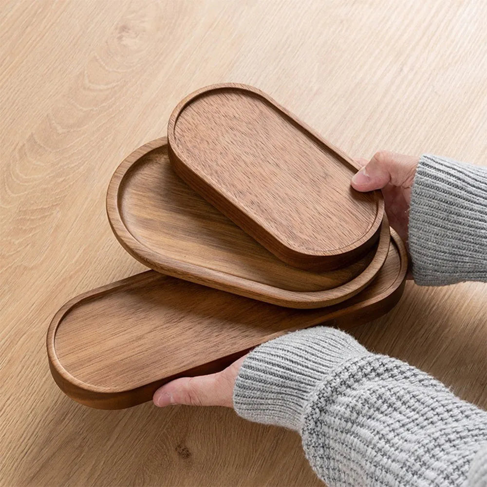 Wholesale Oval Bamboo and Wood Tray Candle Light Decoration Hotel Service Tray Contact Food Tray Coffee Tea Dark