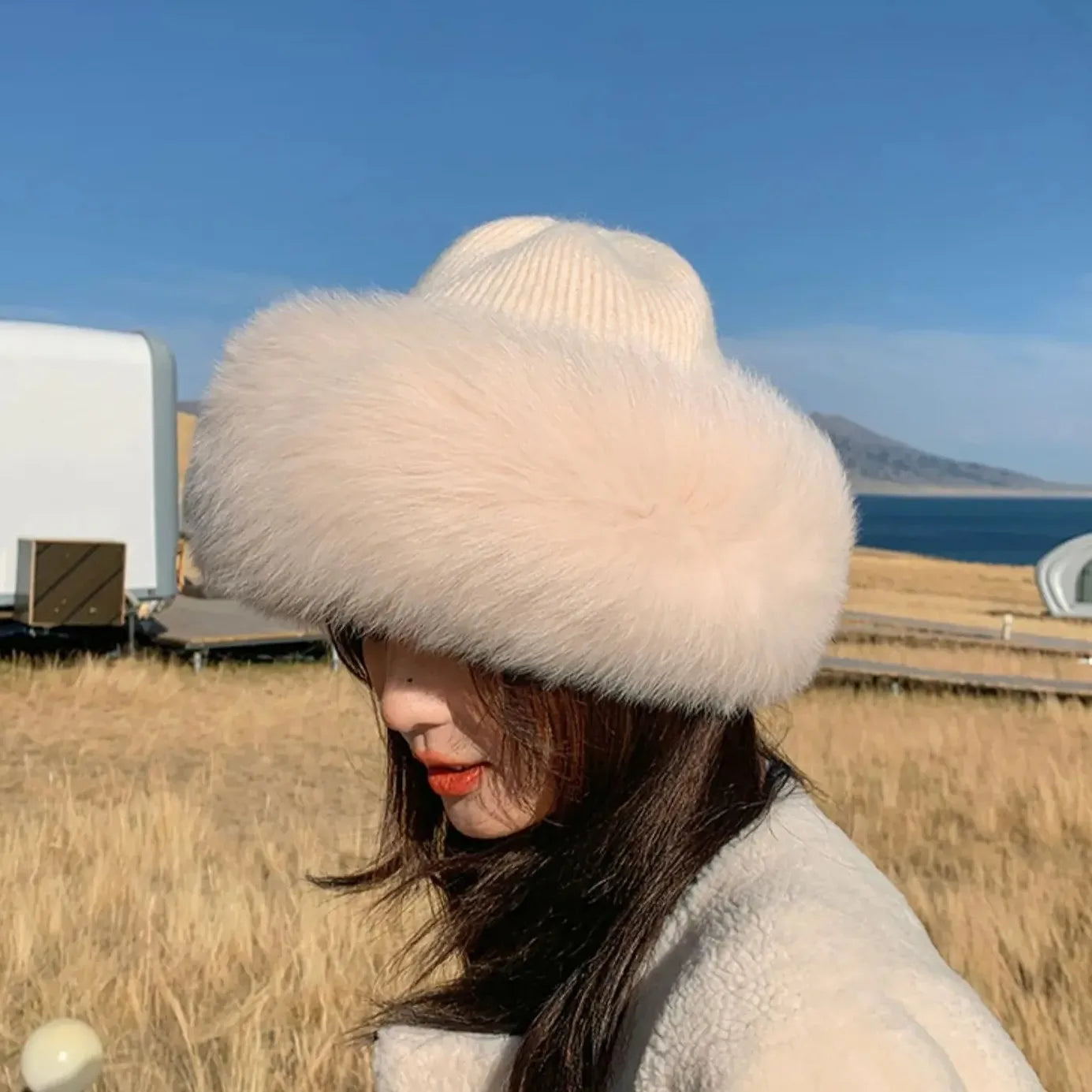 MWFur Real Fox Fur Beanie Hats for Women Winter Warm Fluffy Cap Outdoor Thick Natural Fox Fur Hat Female Dome Hats