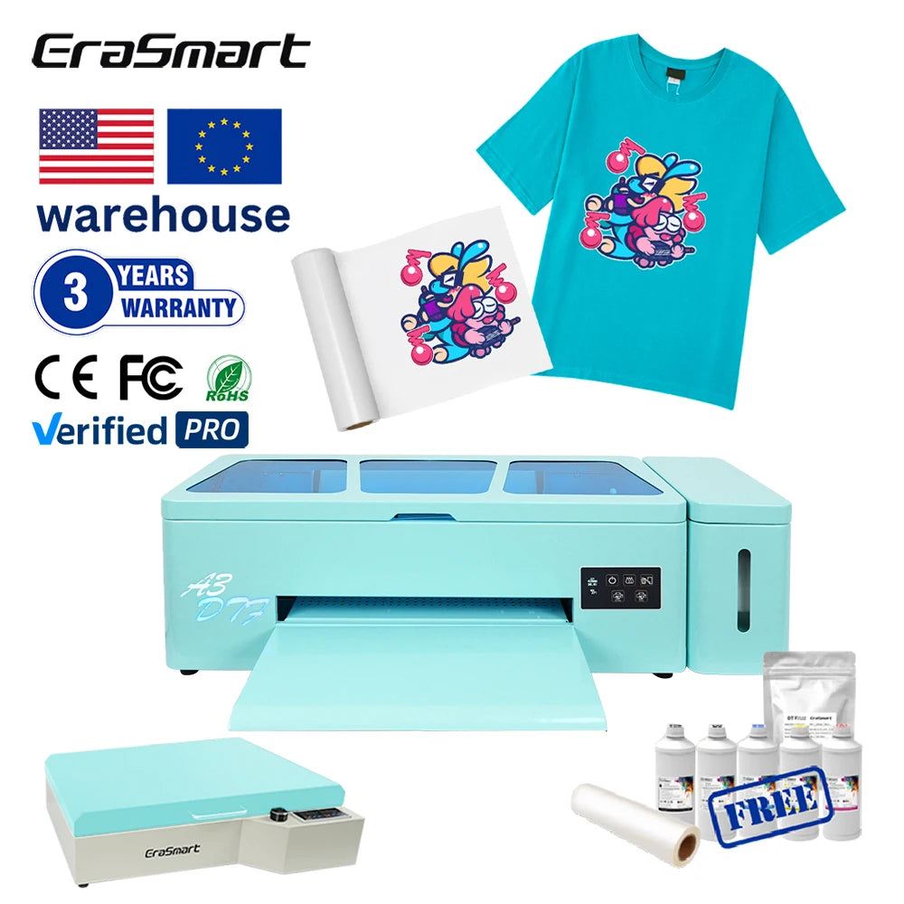 EraSmart Mini Small Digital Roll Clothes T Shirt Heat Transfer Printing Machine 30cm Dtf A3 Printer for T-shirt Small Busines