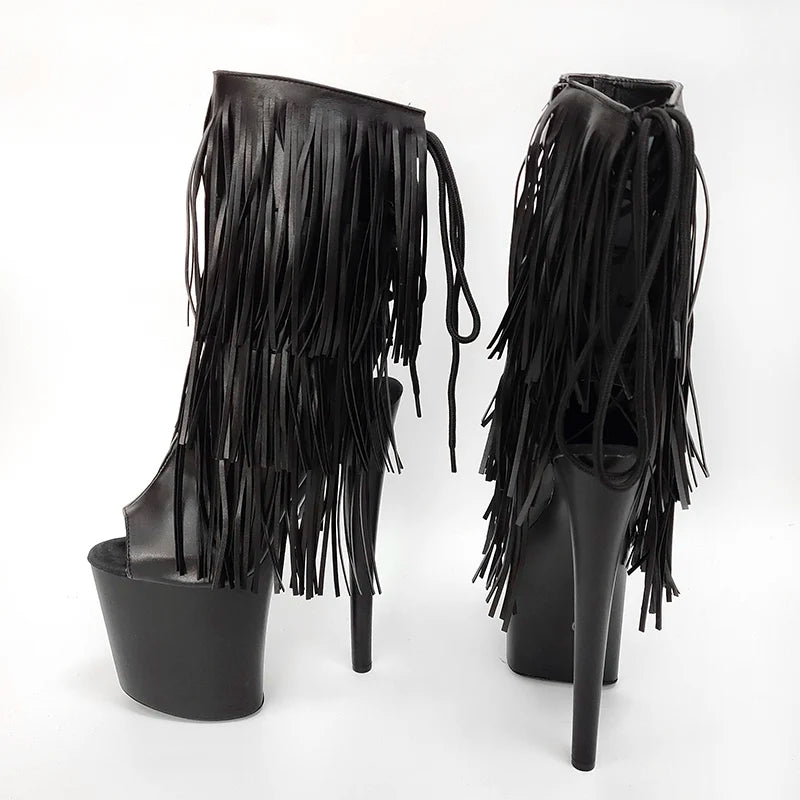 Fringe Peep Toe 20cm Stripper Heels Nightclub Pole Dance Shoes Gothic Retro Short Boots Platform Fashion 8Inches Gladiator Ne