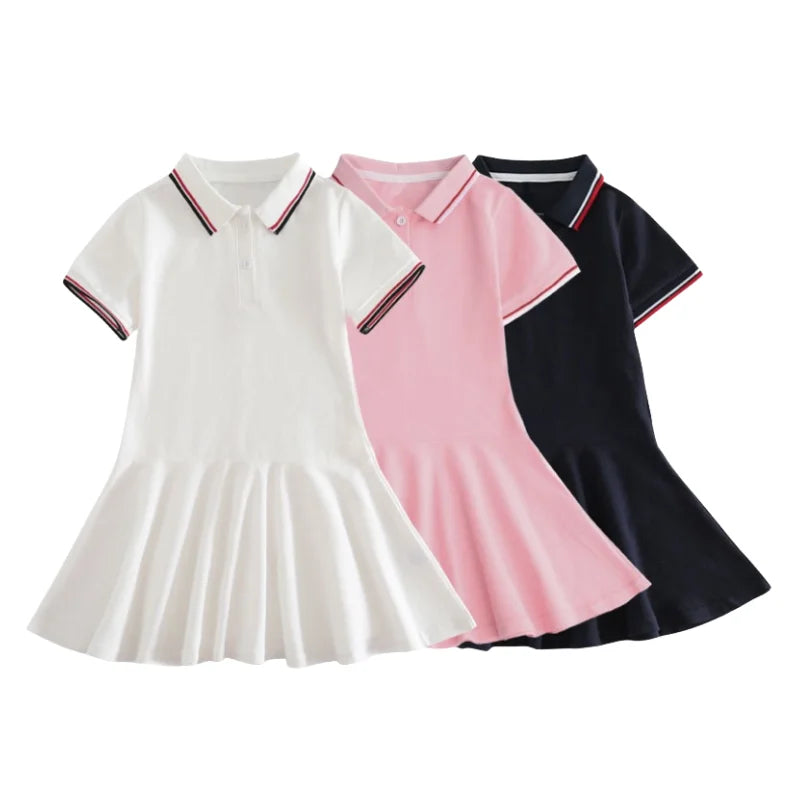 Custom Logo Basic Design Short-Sleeve Pique Polo Dress Summer School Uniform Sets for Girls and Toddlers Age Group Children
