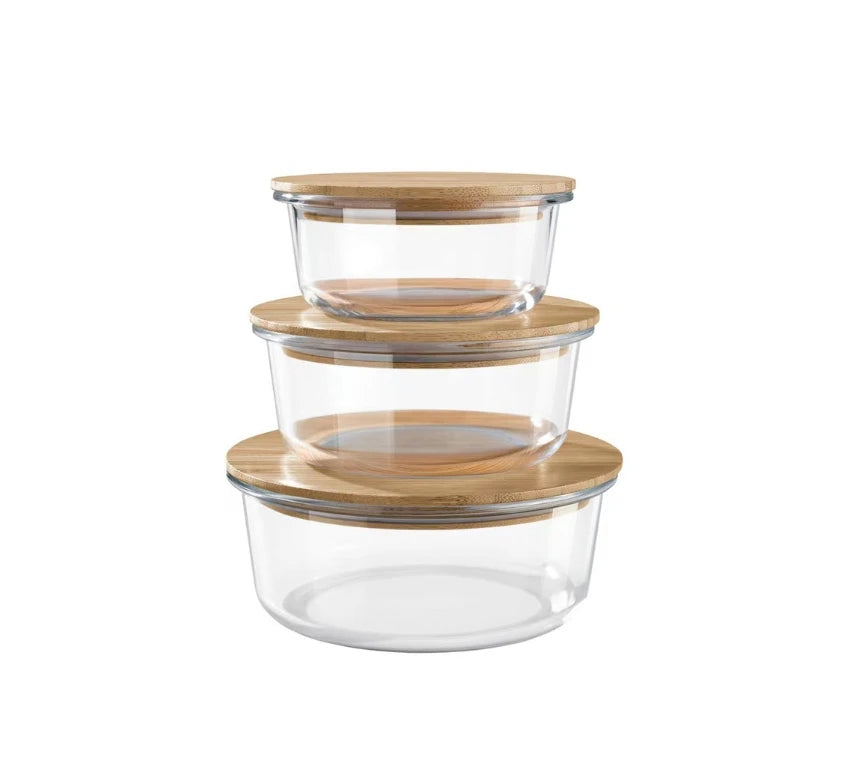 Wholesale Microavable Rectangular and Round  High Borosilicate Clear Glass Fresh-keeping Lunch Box  with Bamboo Lid