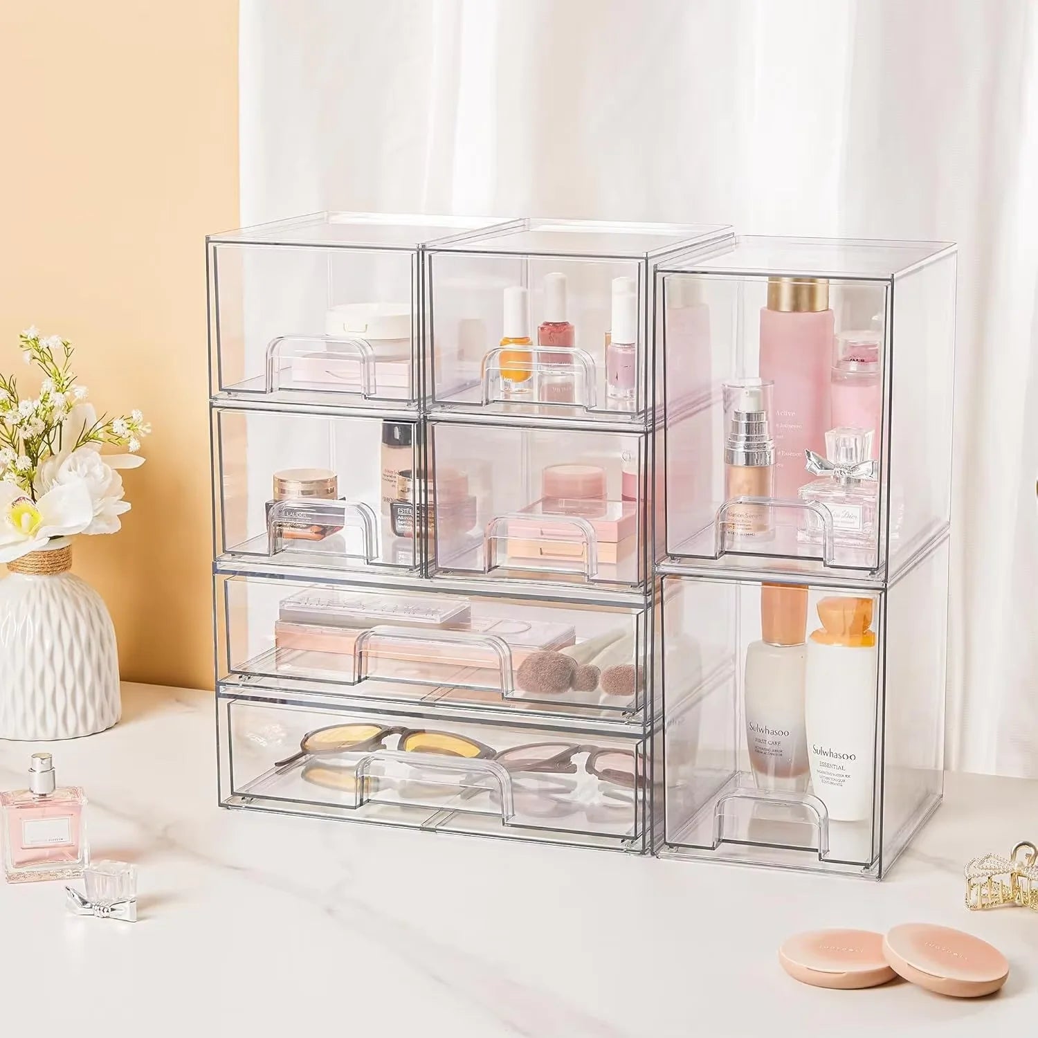 Stackable Transparent Make up Organizers Foldable Plastic Cosmetic Storage Box with Detachable Drawers for Desktop