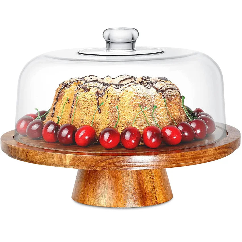 Premium Eco-Friendly Acacia Wood Cake Display Stand Modern Clear Acrylic Dome Cover Serving Tray Set 3D Plate for Home Kitche