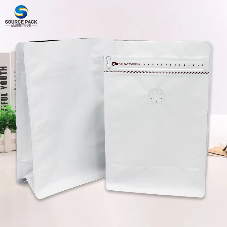 Coffee Bag With Valve and Zipper Bean Factory Custom Printed Flat Bottom 250g 1kg White  Coffee Bag