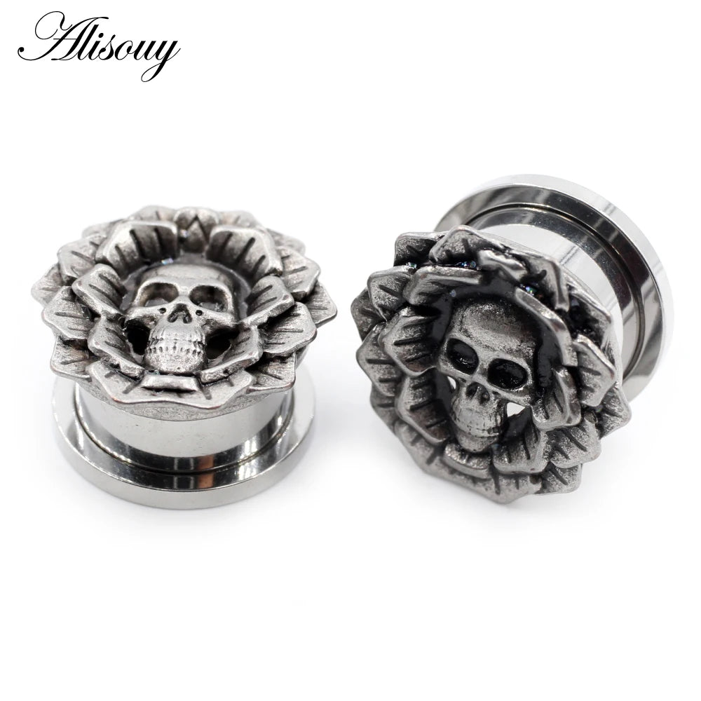 Wholesale 6-25mm Retro Stainless Steel Skull Flower Unscrew Ear Tunnels Plugs Expander Stretcher Gauges Body Piercing Jewelry