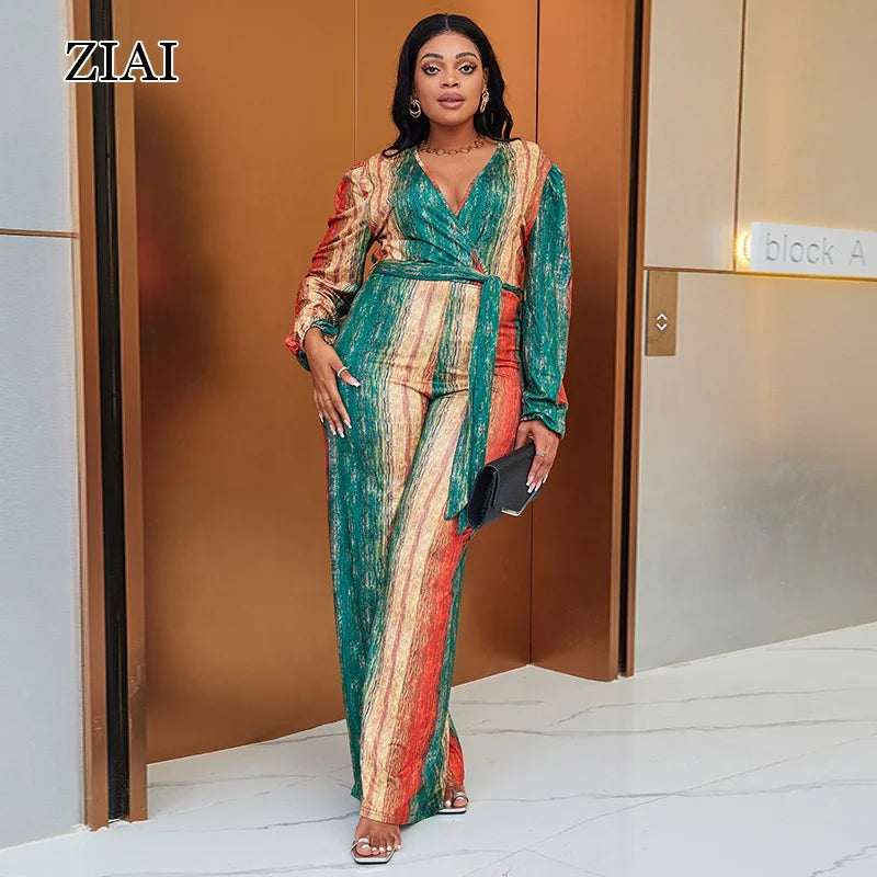 Women Jumpsuit Printing Wide Leg Jumpsuit Long Sleeve Fashion Casual Plus Size Jumpsuit