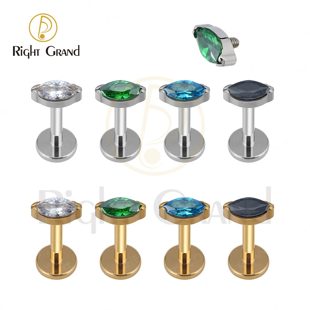 ASTM F136 Titanium Single Tiny Marquise CZ Internally Threaded Flat Back Labret Helix Tragus Piercing Labret