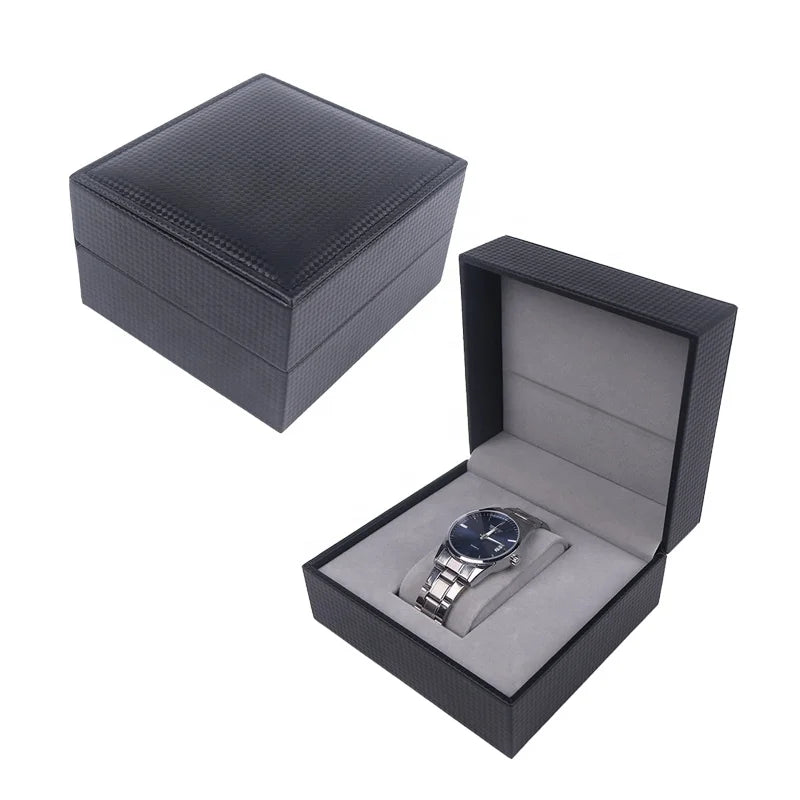 Luxury High Quality Black PU Leather Watch Storage Box Walnut Wood Lining 13.5x12.5x7.5cm Customizable Custom Logo Packaging