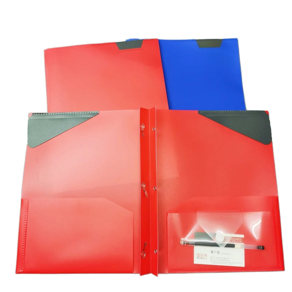 Promotion Wholesale Letter Size Plastic Pocket Folders School Office Supplies 3 Metal Prong Tadpole Folder With Card Bolt