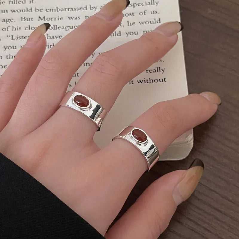 Hong Kong Solid Size INS Fashion Jewelry Women Ring Luxury Beautiful Agate Oval Round Rings 925 Sterling Silver Fine Jewelry
