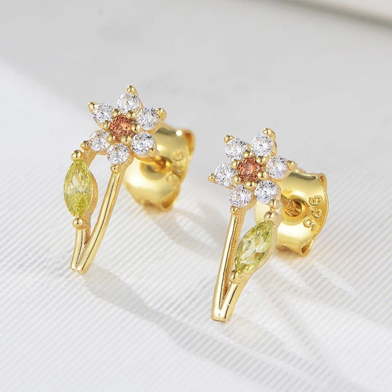 champagne Flower Plant Jewelry Gift Psj S 925 Sterling Silver 14k Gold Plated Bling Cubic Zirconia Stud Earrings for Kids Gir