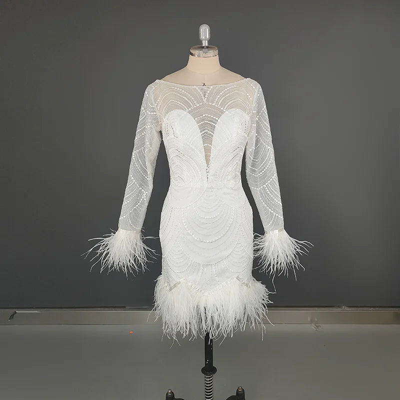 8990# Exquisite Appliques Illusion Lace Backless Boat-neck Short Wedding Dress With Feather Long Sleeve Bridal Gown REAL PHOT