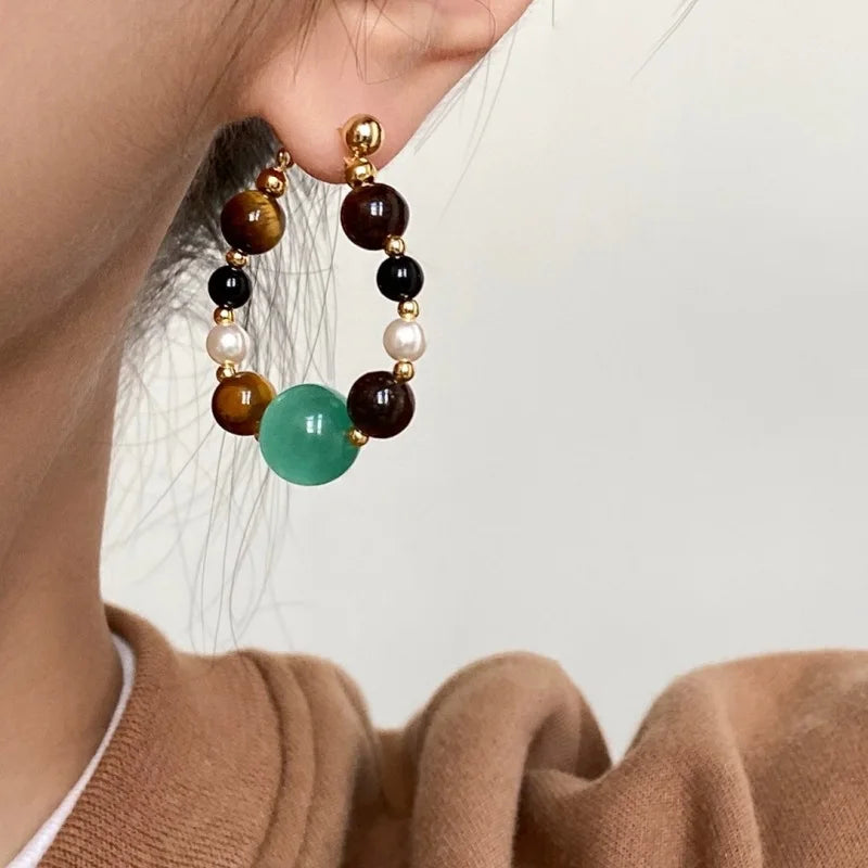 Maiou 2026 New Arrival Designer Gold Natural Stone Tiger Eyes Stone and Green Cat Eyes Beaded Hoop Earrings for Women Jewelry