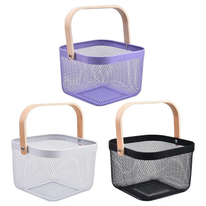 2024 NEW Coming Multi-function Metal Square Wire Mesh Fruit Storage Basket with Wooden Handle for Kitchen Storage Organizatio