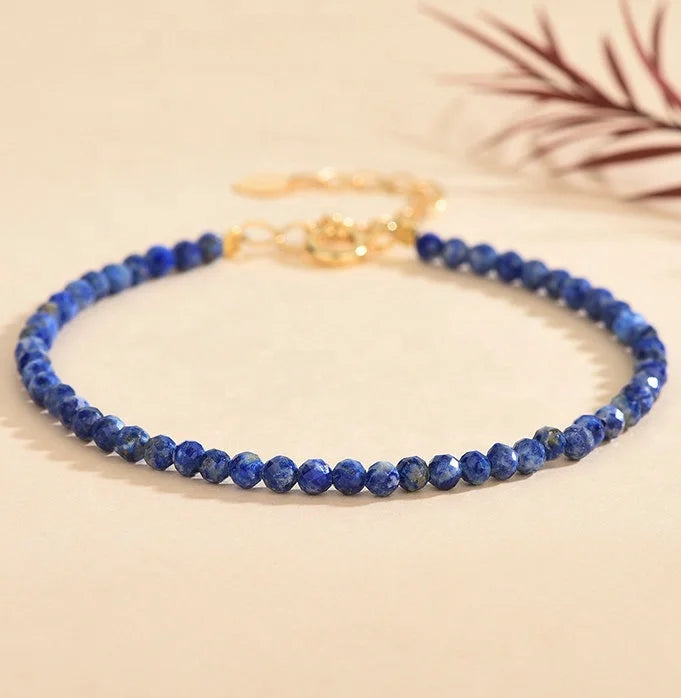 3mm Natural Lapis Bracelet for Women Jewelry 18k Gold Plated Chain Minimalist Adjustable Gemstone Beaded Bracelet