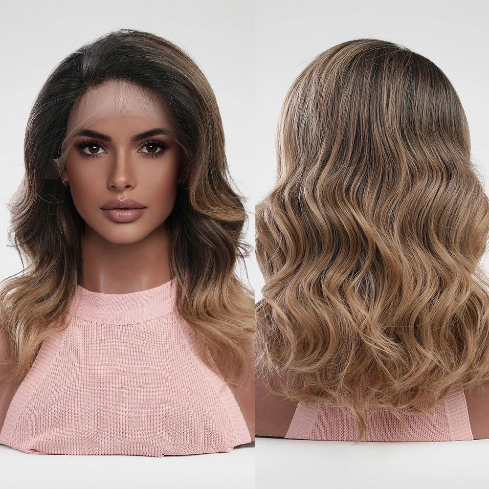 Factory Fast DeliverySynthetic T-part Lace Wigs Wavy Ombre Black to Brown Lace Wig Fashion Side Part Nature Hair Wig for Wome