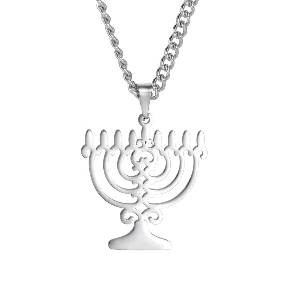 Hanukkah Menorah Pendant Necklace for Women Men Stainless Steel Emblem Faithful Jewish Religious Jewelry Link Religious Gifts